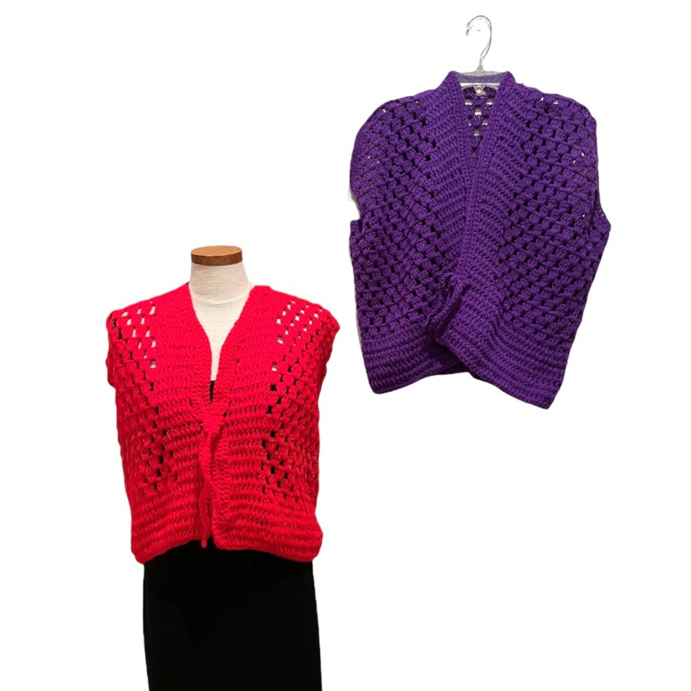 Bundle of 2 Vintage 70s Crochet Open Weave Handmade Sweater Vests Red & Purple